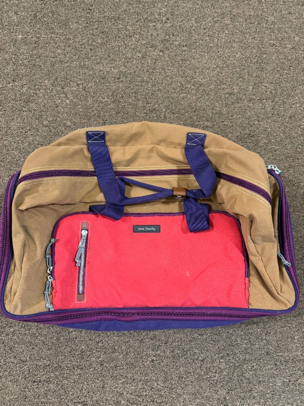 Vera Bradley Rolling Duffel Wheeled Travel Bag Tan Purple Coral 22"